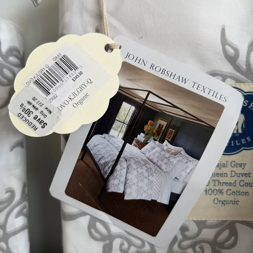 John Robshaw Kajal Gray Queen Duvet 2 Std Sham 1 Euro Sham NWT $615 Retail